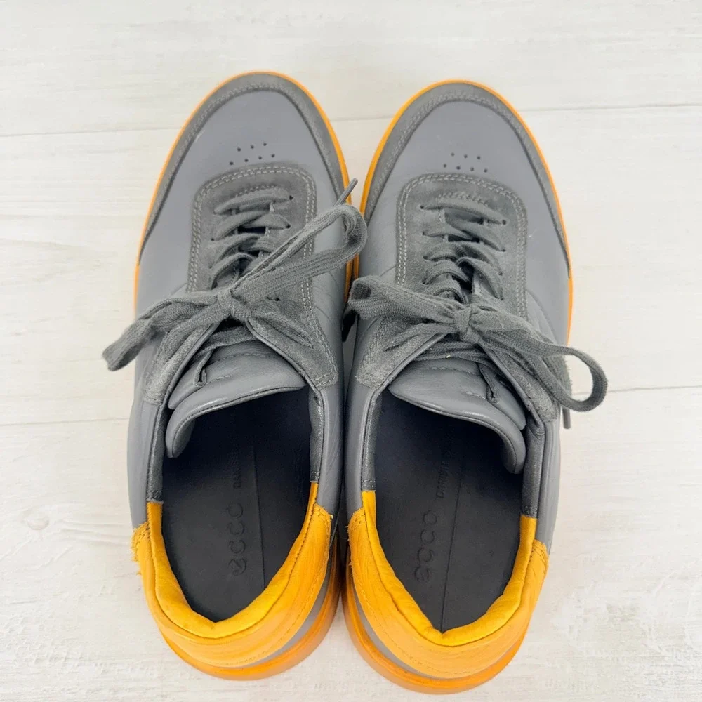 ECCO Street Tray Sneakers Mens 42 US 8.5 Grey Yellow Leather Suede Gum Sole